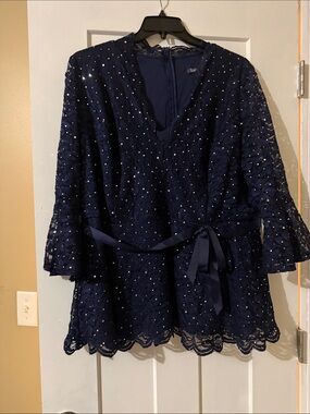 Roaman's Navy Lace Peplum Blouse with Scalloped Trim